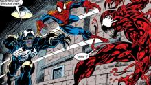 Spidey and Venom teaming up against Carnage
