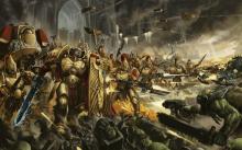 A large group of Adeptus shoot and fire their way through an army of Orkz, prepared to lose their lives in the battle. 