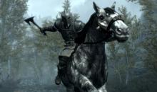 A member of the Dawnguard riding into battle on a horse.