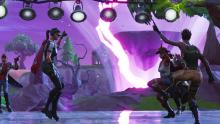 default skin and friends sync emotes on the dance floor.