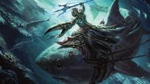 An evil water type D&D character rides on a shark in the ocean, ready for battle