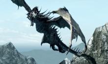 A dragon flying high over mountains. 