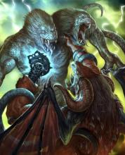 A two-headed D&D character battles a dragon in a fight to the death.