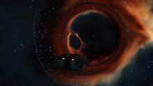 The intense pull of a black hole twists the light of a nearby nebula, as an Anaconda watches from a safe distance.