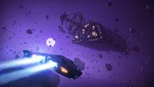 The purple haze of a nebula hangs over this asteroid field, as a Cobra seeks to dock at a nearby megaship.