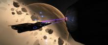 The luxurious Imperial Cutter blasts a metal asteroid with bright purple mining lasers