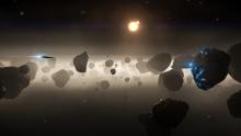 A Krait Phantom explores a planetary asteroid belt, probing asteroids for valuable materials