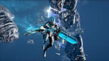 A picture of Excalibur flying through space with his archgun in hand.
