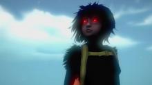 The protagonist from Sea of Solitude with glowing red eyes against a sky backdrop.