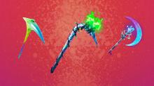 Three exotic-looking pickaxes with a red background.