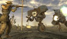 Taking out a couple mechanical enemies in Fallout: New Vegas.