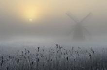 Rolling fog hides a field and windmill
