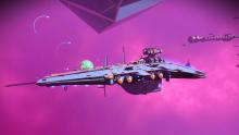 In this image you'll see a freighter against a purple backdrop, just waiting to either be attacked or boarded.