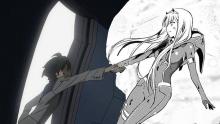 Hiro is pulled in by Zero Two in this amazing half manga half anime image
