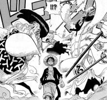 Walking through the midst of an all out battle is Monkey D. Luffy, in One Piece