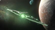 A gigantic capital ship moves unstoppably towards a planet.