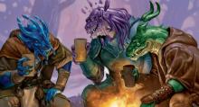 3 multicolored men with dragon heads talking around a fire 