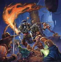 A group of beloved and classic Talisman characters battle a giant monster with an iron suit and fire sword. Artwork illustrated by RalphHorsely.
