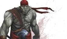 Grey skinned Half-Orc with a red bandana around their head