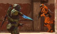 A Spartan with an energy sword prepares to kill an enemy.
