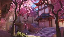 The blossoms are in bloom in Hanamura, a map in Overwatch. Hopefully this place doesn't get torn apart by gunfire.