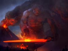 Hephaestus is often seen working on his anvil beside a volcano.