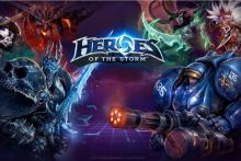 One of the many startscreens of Heroes of the Storm, featuring a stand-off between Diablo, Arthas, Illidan, Tychus, Chen and Nazeebo.