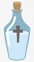 A blue and white flask of holy water is corked