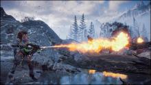 Aloy using the Improved Forgefire's Flamethrower attack