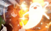 Hu Tao summoning a spirit to attack enemies during her Elemental Burst animation