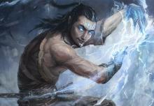 Sorcerer with long hair and symbol on forehead casting lightning with hands