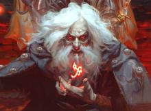 Evil wizard with long white hair and beard, left hand held out with sigil floating above hand