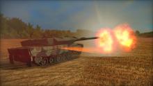 A Leopard 2A5 opens fire across an open field.