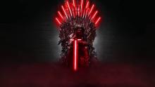 Kylo Ren on a Star Wars version of the Iron Throne with lightsabers.