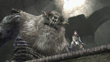 Colossus glaring at Wanderer: Shadow of the Colossus