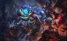 Ahri is depicted going face-to-face with Darius and Morgana.