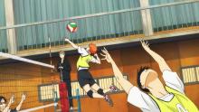 With the help of Kageyama's set, Hinata can fly.