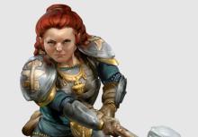 Female Dwarf with red hair holding a Warhammer