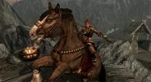 A warrior aims her arrow while on a horse.