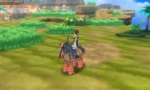 The player hopes on Mudsdale to travel across the open routes of Alola