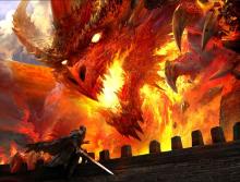 A gargantuan red dragon climbs over a castle wall preparing to breathe fire on the whole of the keep. 