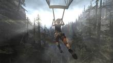 In a sequence, Lara has to survive a parachute fall.