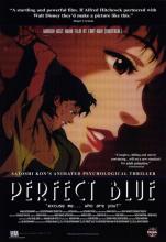 A poster for Perfect Blue describing the movie, and Mima doing a stabbing motion.