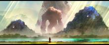 Colossus back-dropped with a rainbow sky: Shadow of the Colossus