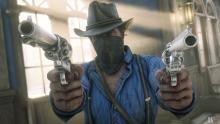 Arthur Morgan can hide his face during high-profile crimes to avoid having a bounty placed on his head. He can dual-wield your revolvers as shown here.