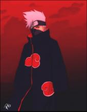 Kakashi is in his traveling cloak with a red background