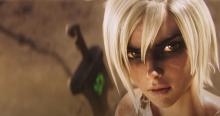 Riven staring at Draven for throwing a sword on her