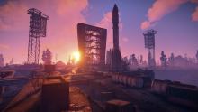 The launch site monument in Rust as seen at sunrise.