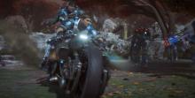Marcus Fenix and his son riding on a motorcycle in some epic father-son combat