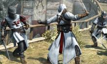 Hooded man fighting knights